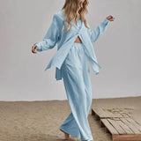 Loose Women Trouser Suits Short Sleeve Shirt With High Wasit Pants 2 Piece Sets Spring Pleated Elegant Brown Lady