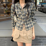 Korean Fashion Shirts Vintage Gradient Plaid Shirt Long Sleeve Lapel Blouse Grunge Kpop Streetwear Chic Designer