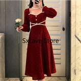 Vintage White Dress Women 2021 Winter Fairy Midi Party Dress Evening Office Lady Design Outwear One Piece Dress