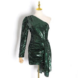 Sequined Women Dress Asymmetrical Collar Puff Long Sleeve High Waist Bow Irregular Dresses Female Fashion 2020
