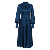 Eyelet Elegant Evening Party Satin Dress Ladies Navy Lantern Sleeve Women Midi Dress Hollow Out Keyhole Dress