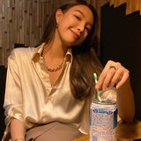 QWEEK Silk Satin Women Blouses Elegant Cardigans Button Up Shirt Long Sleeve Top Vintage Office Ladies Sexy Oversize