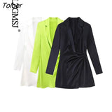 ZBZA 2023 Women Chic Fashion Spring Pleated Mini Dress Vintage Lapel Collar Long Sleeve Female Dresses Vestidos
