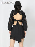 TWOTWINSTYLE Loose Two Piece Set Womens Round Neck Long Sleeve Backless Shirt High Waist Short Pants Solid Sets Female