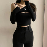 Rockmore 2 Piece T-Shirt And Cami Crop Top Women Y2K Harajuku Long Sleeve Skew Collar Casual Basic Tight Tees Female