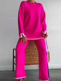 Women Casual Contrast Slit Sweater Suits O-Neck Knitted Pullover And Wide Leg Pants Female 2 Piece Set Elegant Warm Lilac