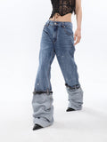 2023 Summer 2023 New Women's Jeans High Waist Graffiti Patchwork Contact Color Leather Button Denim Pants Tide