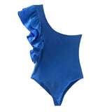 Women Green One Shoulder Bodysuits 2022 Summer Fashion Lady Sexy Slim Ruffles Bodysuits Female Solid Tight Sleeveless