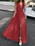 2022 Summer Maxi Dress Women Sexy Split Polka Dot Short Sleeve Long Sundress Celmia Bohemian Belted V-Neck Party Beach
