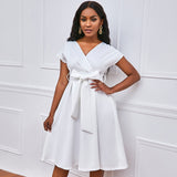 V-Neck Solid Color Waist Bow Tie With Large Swing Dress Dress Dress Dress Dress