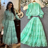 Autumn Lantern Sleeve Long-Sleeved Hollow Lace Splicing Shirt + A Word Half-Dress Dress Dress