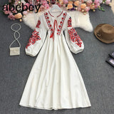 New Spring Autumn Vintage O-neck long sleeve Dress embroidery lace up tassel high waist pleated mid-length A-line