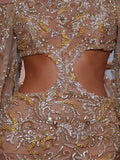Fashion Elegant Women's Dress New Round Neck Long Sleeve Gauze Sequined Mini A-line Dresses Female Summer 2023