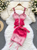 Denim Sexy Drawstring Women Sets Summer 2022 Zipper Tops+ Sashes Zipper Skirt Ladies Fashion High Street Two Piece