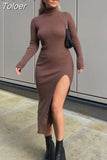 MODA 2023 Women Chic Fashion Front Slit Sheath Knit Midi Dress Vintage High Neck Long Sleeve Female Dresses Vestidos