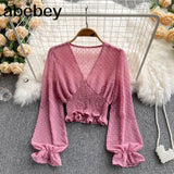 Autumn Fashion Korean Women Blouse Long Sleeve V Neck Elastic Ruched Slim Tops Elegant Streetwear Short