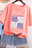 Plus Size T Shirt 100% Cotton L-5XL Tshirt Short Sleeve Women Top 2023 Summer Cartoon T Shirt V Neck Oversized T