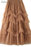 Casual Purple Patchwork Ruffle Ball Gown For Women High Waist Design Solid Elegant Mesh Skirts Female Summer Fashion