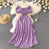 Women Chiffon French Style Dress Summer 2022 Slash Neck Vacation Elastic Waist Elegant Party Slim A Line Long