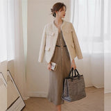 Women Autumn V-Neck Knitted Dress Solid Sweater Dresses Single-Breasted Waistbelt Long Sweater