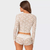 Toloer New Private Server Sexy Wind Lace Short Jacket Hot Girl Beautiful Slim Long Sleeve Shirt Female Summer-Outfit
