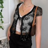 Rockmore Brown Mesh Transparent Tshirt Women Lace Up Cardigan Tops Short Sleeve Tees Shirts Streetwear Summer Sexy