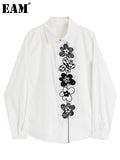 Women Vintage White Embroidery Big Size Blouse New Lapel Long Sleeve Fit Shirt Fashion Tide Spring Autumn 2023