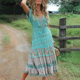 V-Neck Short Sleeve Summer Dress Floral Printed Bohemian Maxi Dresses Casual Beach Women Clothing 2023 Female
