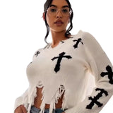 Hole Tuxed Sweater Dark Long Sleeve Loose Knitted