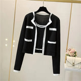 Winter Fashion Korean Knit Set Women Casual Loose Long Sleeve Cardigan+Sleeveless Slim Strap Tops Two Piece