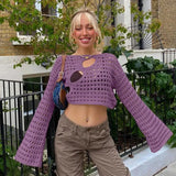 Hollow Out Cropped Knit Sweater Women Fairy Grunge Long Sleeve Top Vintage Loose Distressed Crochet Pullovers Cover-up