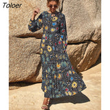Boho Printed Dresses for Women 2023 Autumn Casual Long Sleeve Loose Swing Beach Dress High Waist Retro Maxi