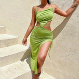 Folded Shoulder Irregular Hollow Dress Women's Summer Sexy Temperament Open