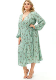Elegant Plus Size Print V Neck Long Sleeve Slit Long