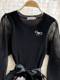 Vintage Women Black Mesh Patchwork Embroidered Midi Dress Women Elegant O-Neck Lantern Long Sleeve Big Swing Party Vestidos
