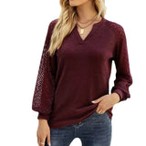 Casual Long Sleeve Women Tshirts V Neck Lace Mesh Long Sleeve Tops Female Vintage Clothes Loose Tees Shirts Blusas