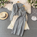 Botton Knitted Women Sets Loose Long Sleeves Cardigan+ Solid Elastic Dress French Style Casual Two Piece