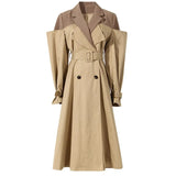 Women Khaki Color-block Long Trench New Lapel Long Sleeve Loose Fit Windbreaker Fashion Tide Spring Autumn 2023