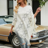 Autumn Winter Women Sweaters Poncho Knitting Capes Cloak Sweater V-Neck Irregular Hem Tassels Coat Striped Knitted