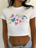 Fruity Butterfly Print Crop Top-Outfit