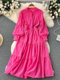 Embroidary Single Breasted Solid Dress 2022 Hollow Out Slim O Neck Long Sleeves Ladies A Line Summer Long