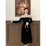 Winter Velvet France Vintage Dress Women Korean Elegant Evening Party Midi Dress Ladies Long Slevee Retro Y2k Dress