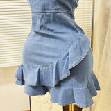 Summer Elastic Waist Sexy Cowboy Sling Dress Lotus Side Ass Short Skirt