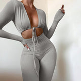 Ins Style Home Comfortable Slim Fit Suit 2022 Autumn Solid Color Long Sleeve Sexy Lacing Cardigan Trousers One-Piece