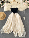 green sling print women dress Summer sexy holiday style maxi dress Elegant High-waist lace-up ruffle Long