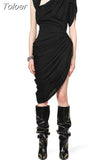 Fashion Women's Dress Slim Asymmetric V-neck Sleeveless Folds Waist Solid Color Knee-length Dresses Summer 2023 New