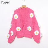 Bohemian Women Cardigan Tops three-dimensional Pattern Hand knitted Sweater V-Neck Puff Sleeve Loose Winter Sweaters