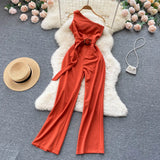 Women Satin Jumpsuit Summer Irregular V Collar Sleeveless Sexy Streetwear Strap dress Elegant Wide Leg Romper