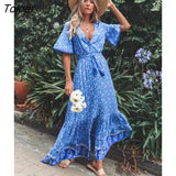 Vintage Print Maxi Dress Waist tie Ruffle Hem Boho Dresses Women Beach Long Dresses V-Neck Short Sleeve Summer Dress