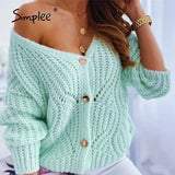 Oversized off shoulder green cardigan women Casual long sleeve sweater cardigan autumn Loose button elastic fashion